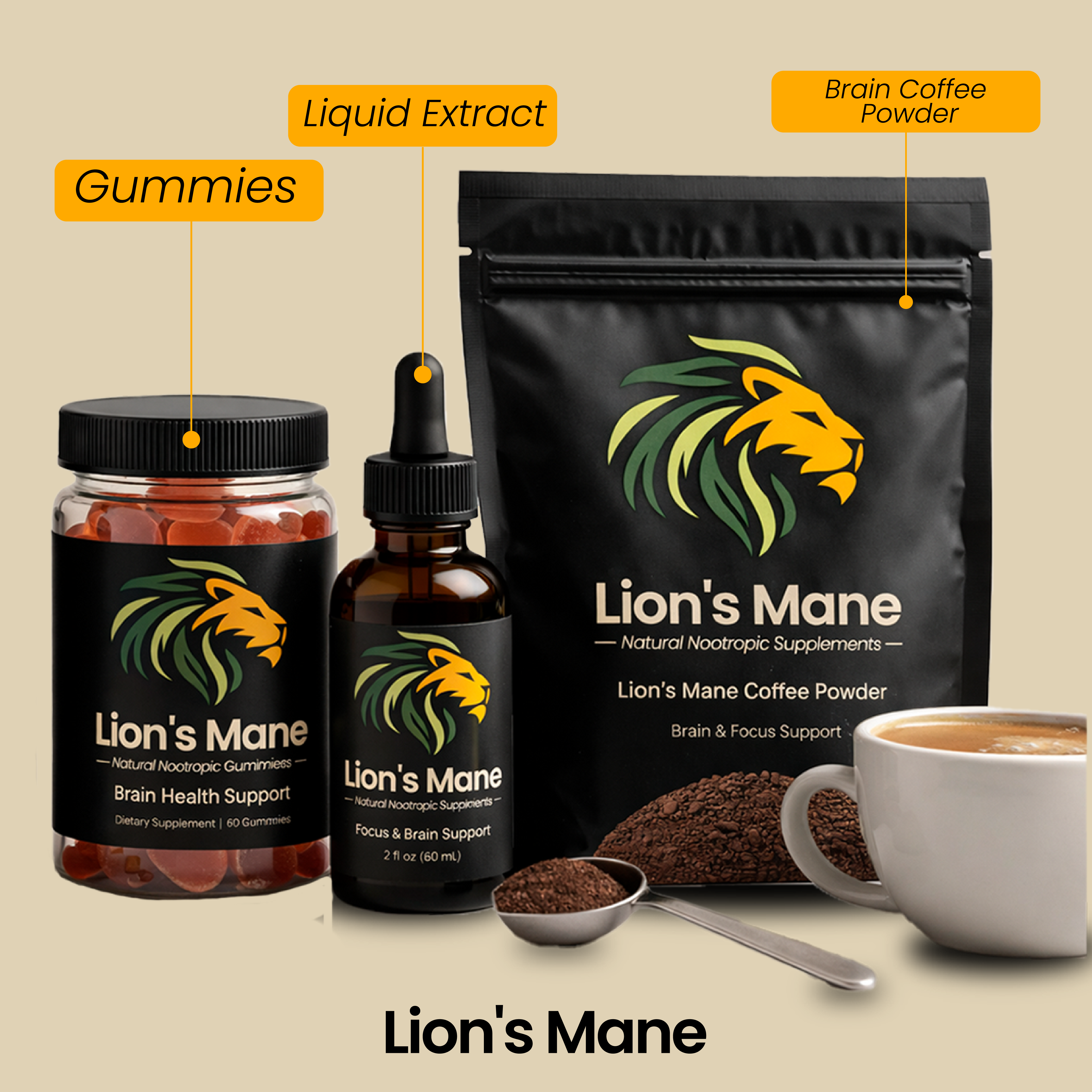 PrideHarvest Naturals Lion's Mane Product Line - Gummies, Liquid Extract, and Brain Coffee Powder